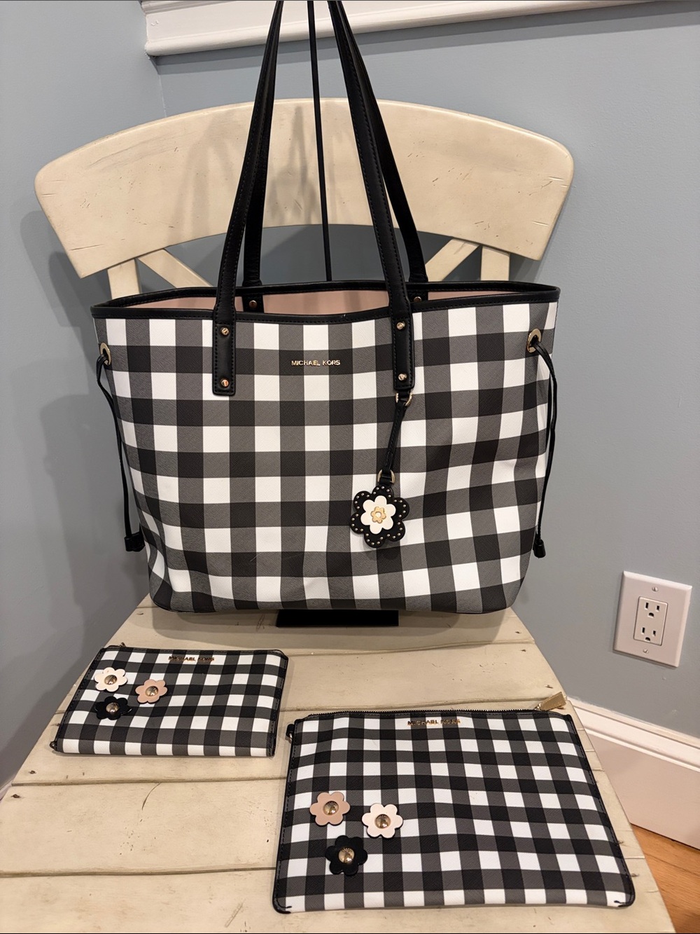 MICHAEL KORS Black & White Gingham Tote with Floral Charm, wallet and pouch set